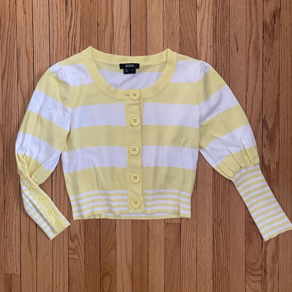 Cropped yellow and white striped cardigan